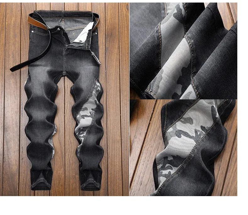 Men’s American Casual Spliced Patchwork Mid Waist Stretch Skinny Trousers