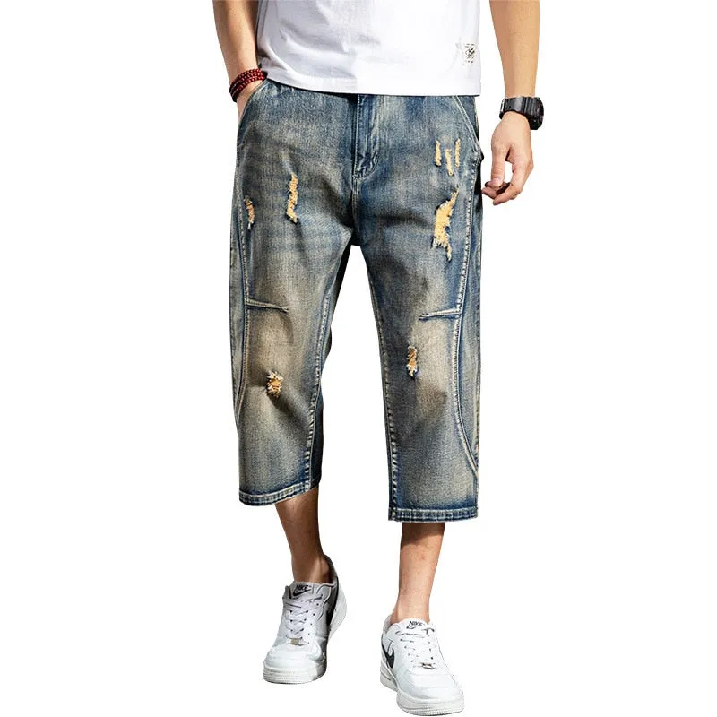 Men's Summer Fashion Patchwork Pattern Cropped Denim Loose Trousers