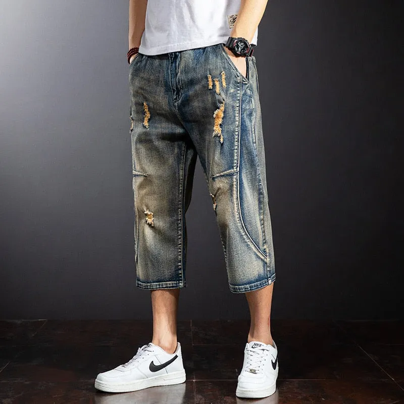 Men's Summer Fashion Patchwork Pattern Cropped Denim Loose Trousers