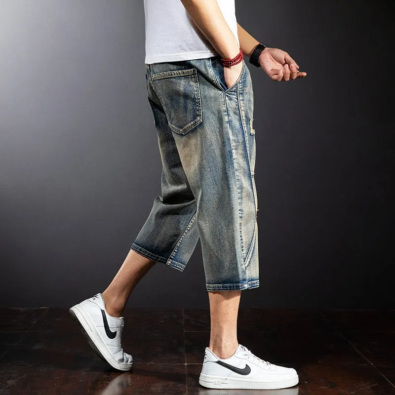 Men's Summer Fashion Patchwork Pattern Cropped Denim Loose Trousers