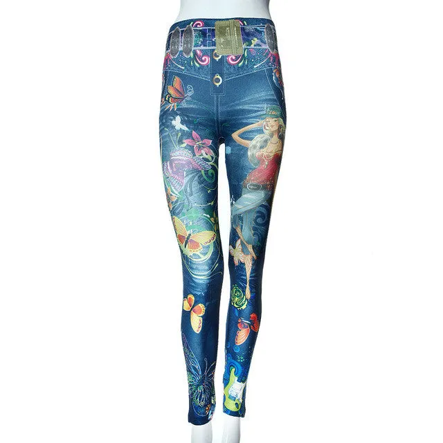 mokingtop Fashion Women's Jeans Skinny Jeggings Stretchy Slim Leggings Soft Pants Women Prient fairy Flower Legging #2 SM6