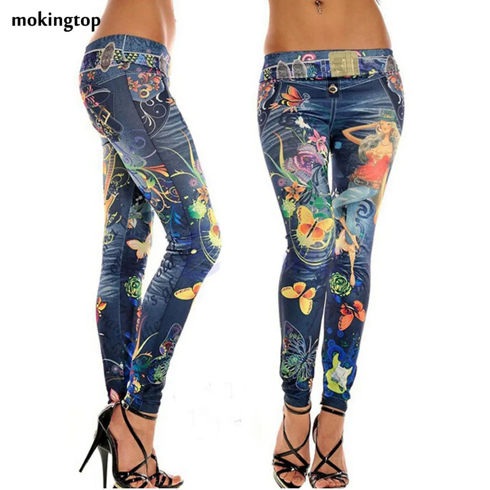 mokingtop Fashion Women's Jeans Skinny Jeggings Stretchy Slim Leggings Soft Pants Women Prient fairy Flower Legging #2 SM6