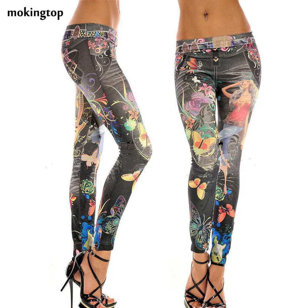 mokingtop Fashion Women's Jeans Skinny Jeggings Stretchy Slim Leggings Soft Pants Women Prient fairy Flower Legging #2 SM6