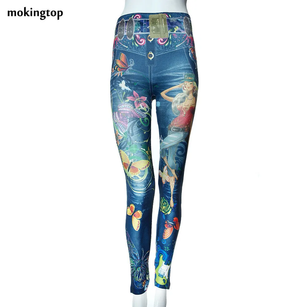 mokingtop Fashion Women's Jeans Skinny Jeggings Stretchy Slim Leggings Soft Pants Women Prient fairy Flower Legging #2 SM6