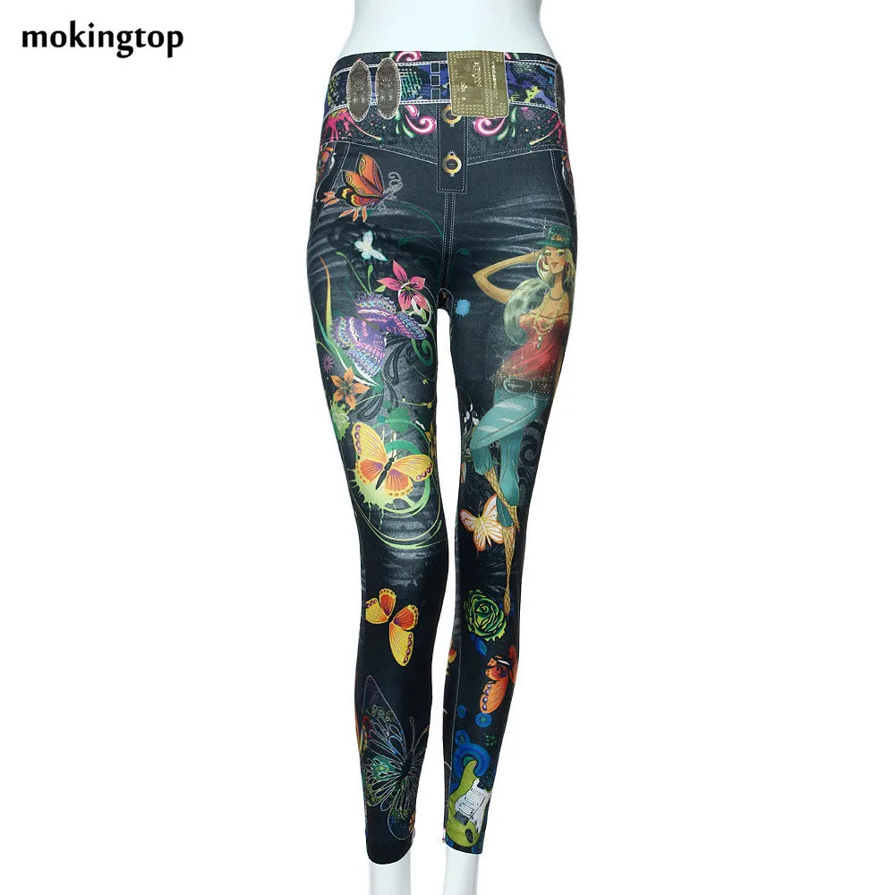 mokingtop Fashion Women's Jeans Skinny Jeggings Stretchy Slim Leggings Soft Pants Women Prient fairy Flower Legging #2 SM6