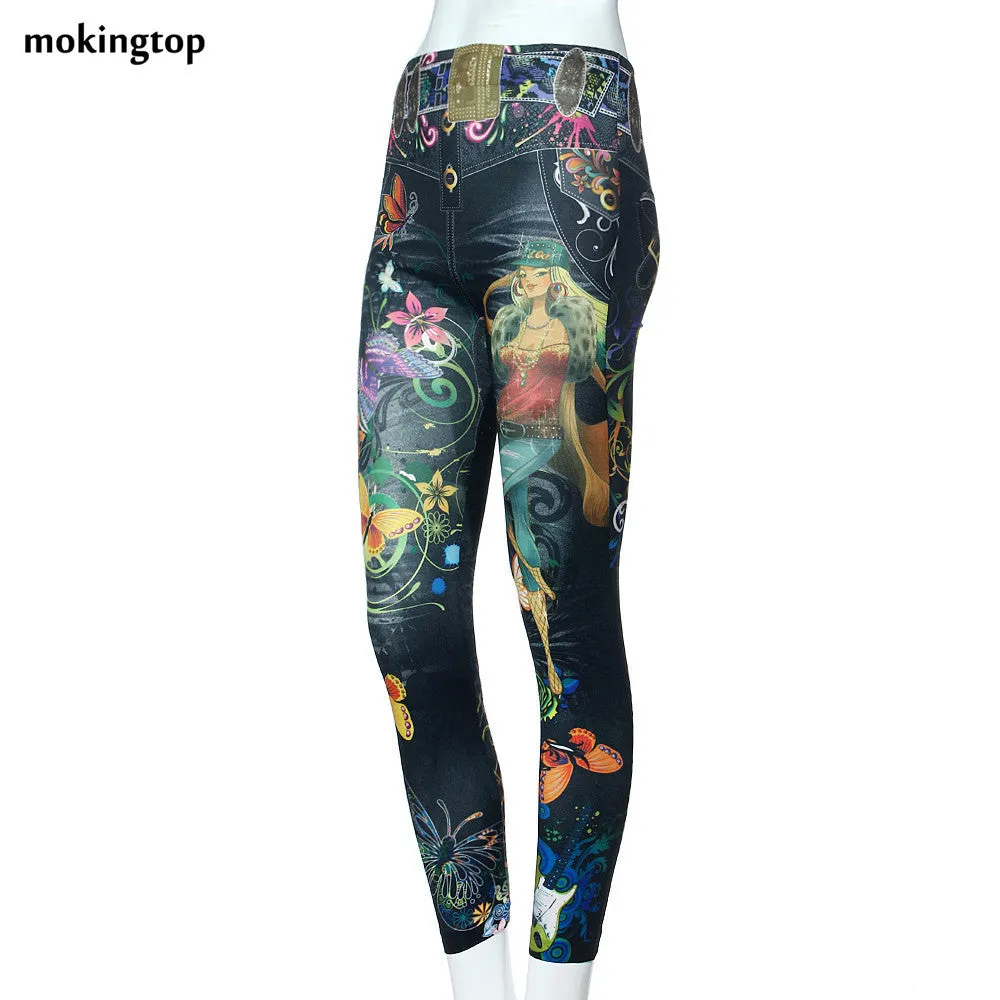 mokingtop Fashion Women's Jeans Skinny Jeggings Stretchy Slim Leggings Soft Pants Women Prient fairy Flower Legging #2 SM6