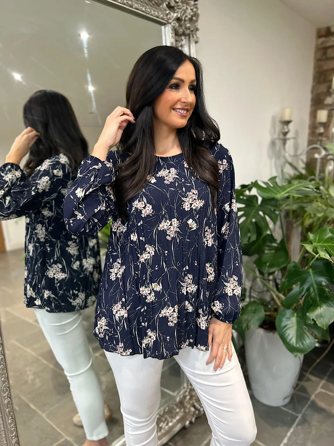 Navy Ditsy Floral Pleated Blouse Evie