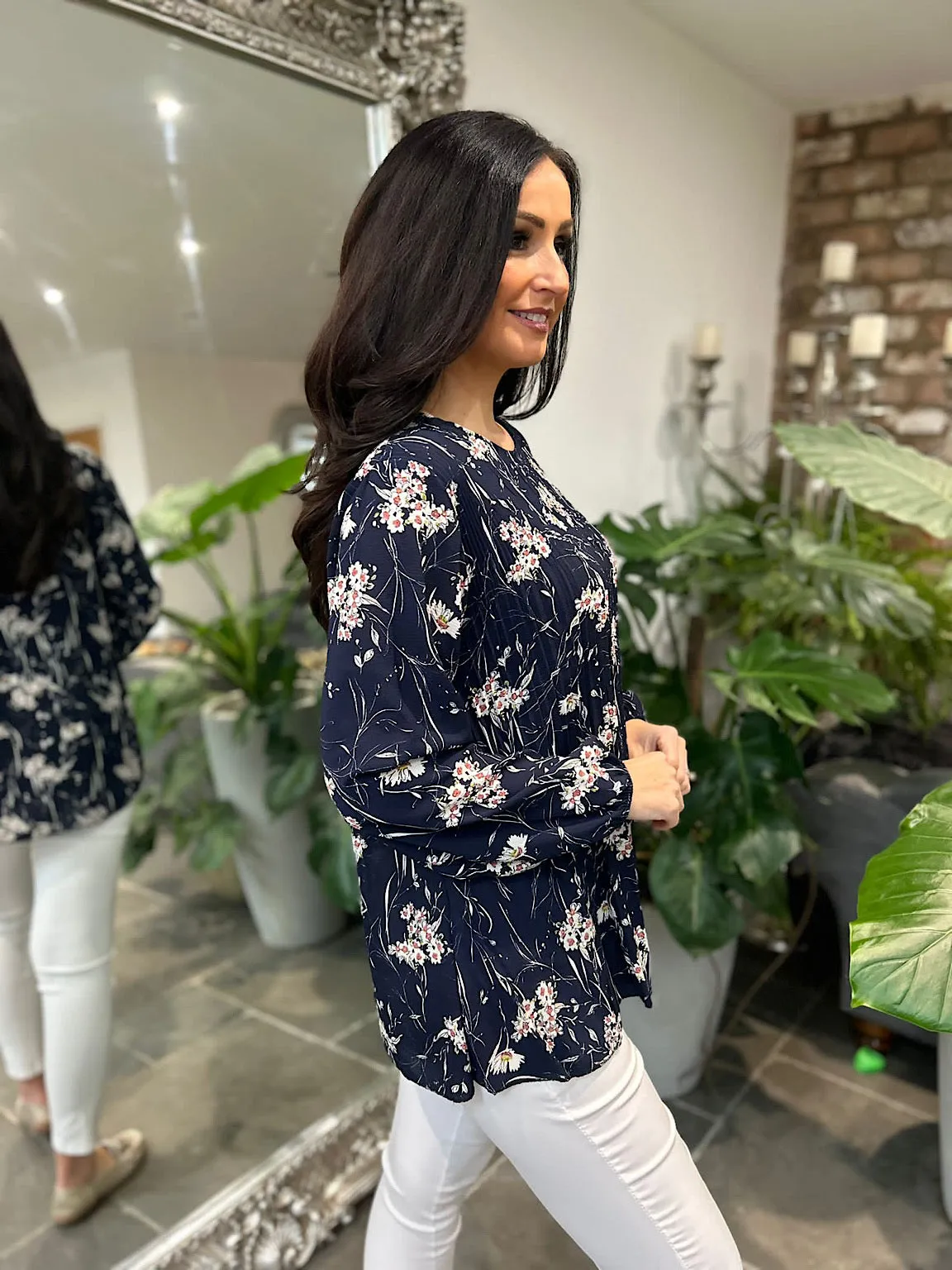 Navy Ditsy Floral Pleated Blouse Evie