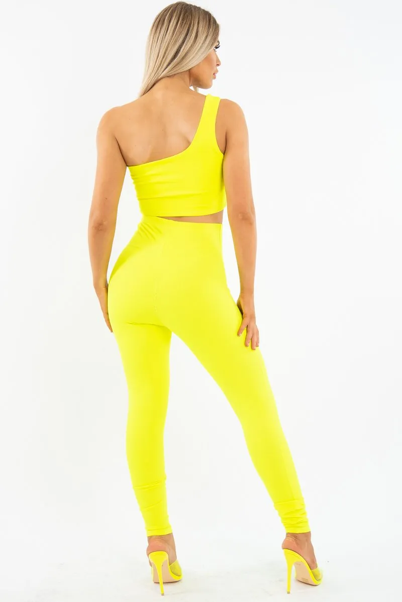 Neon Yellow One Shoulder Crop Top and Leggings Co-Ord - Marrie