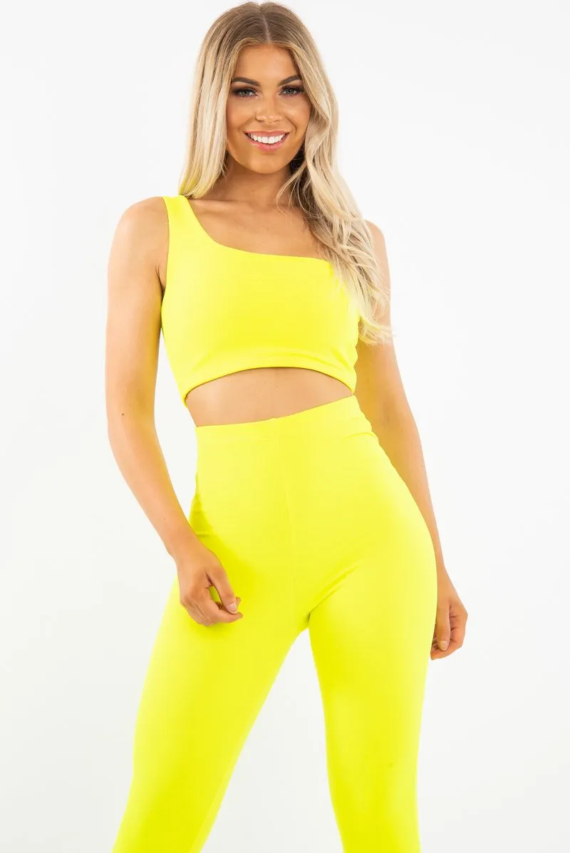 Neon Yellow One Shoulder Crop Top and Leggings Co-Ord - Marrie