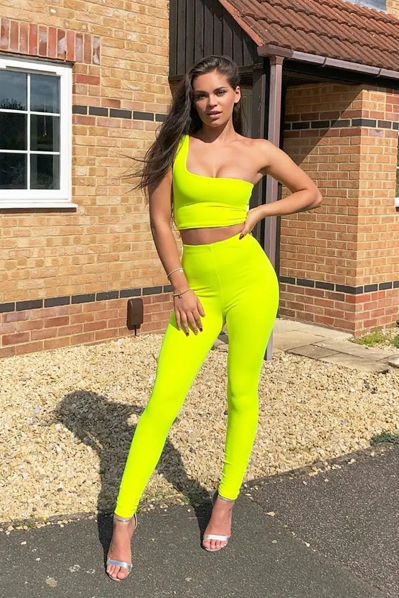 Neon Yellow One Shoulder Crop Top and Leggings Co-Ord - Marrie