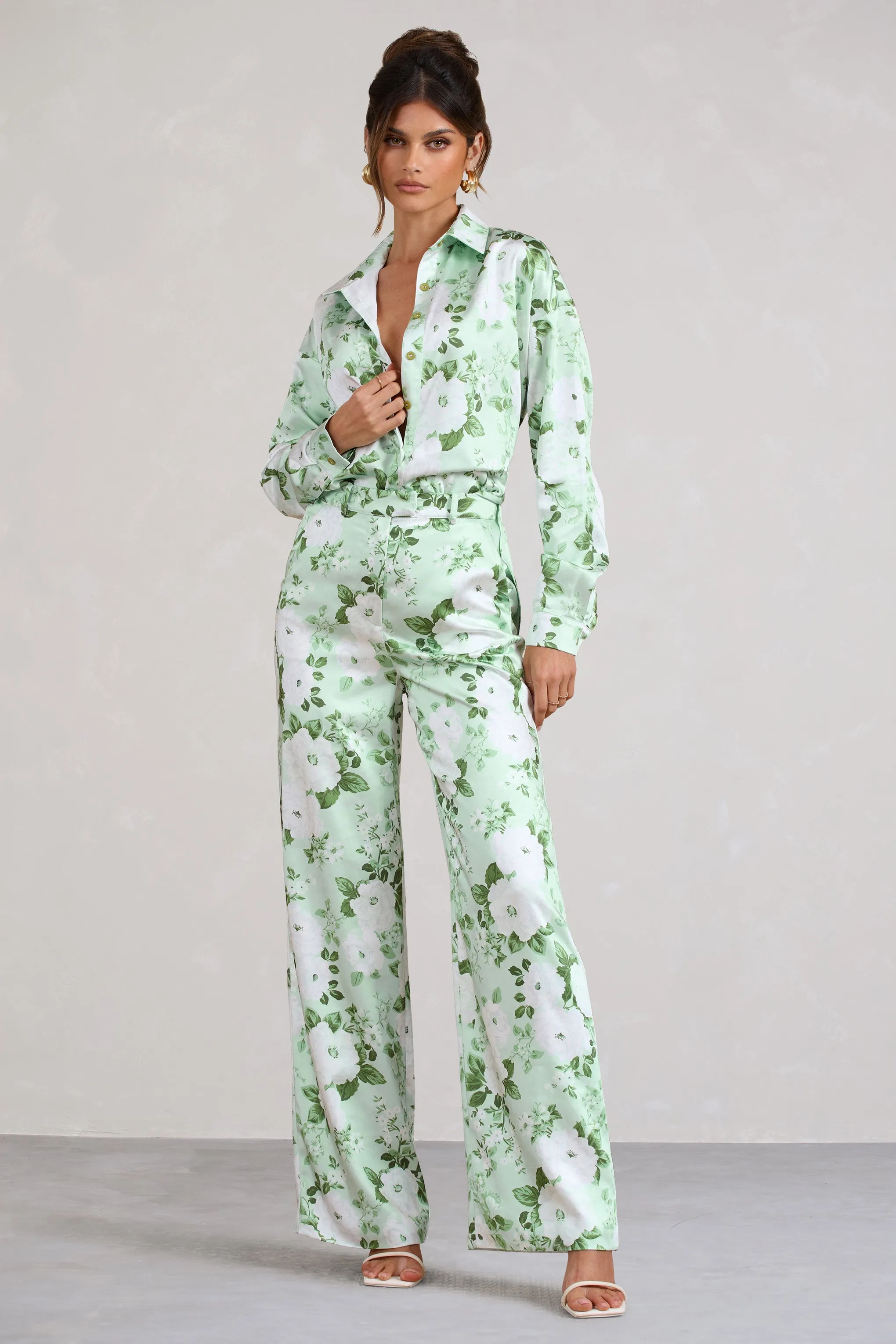 No Limits | White & Green Floral Print Satin Wide Leg Trousers