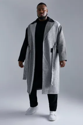 Plus Wool Look Tonal Herringbone Overcoat | boohooMAN UK