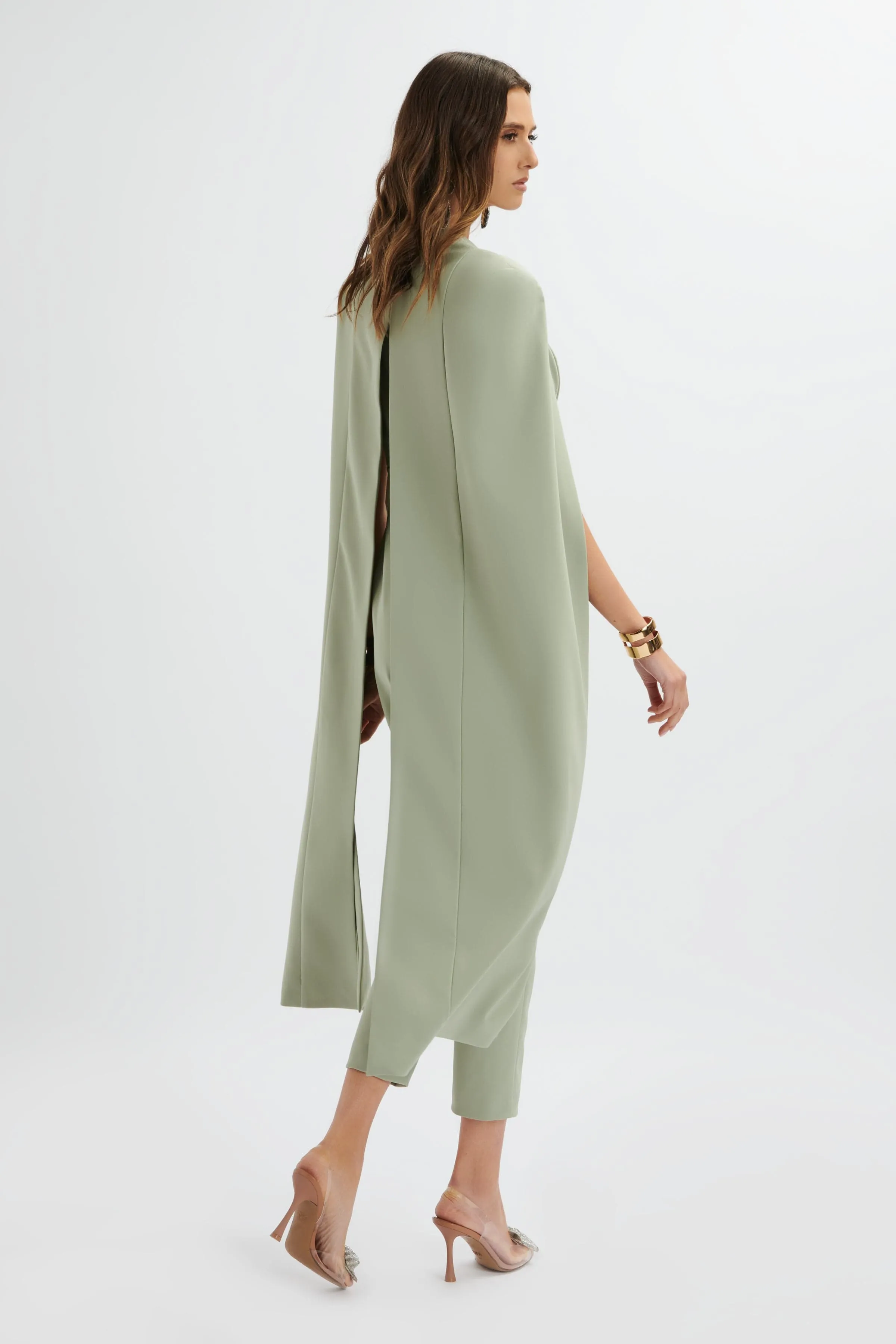 RAYNA Longline Cape Tailored Jumpsuit In Sage Green