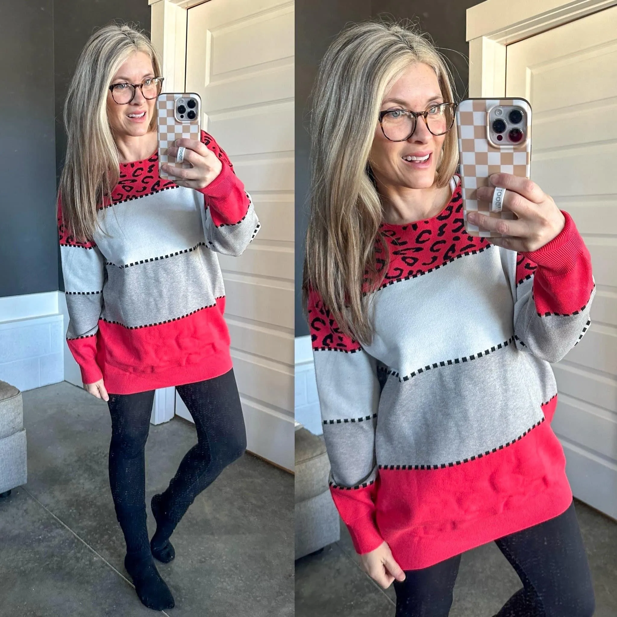 Red Leopard Colorblock Sweater