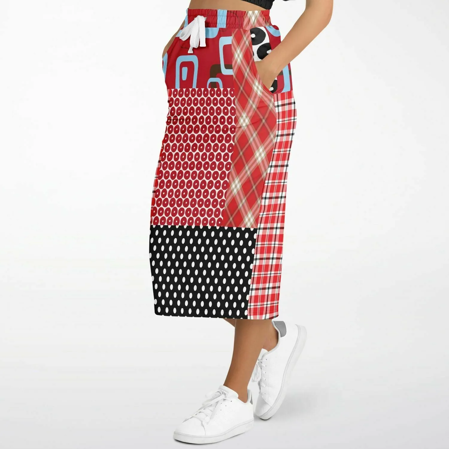 Red Pacific Palisades Patchwork Eco-Poly Long Pocket Skirt