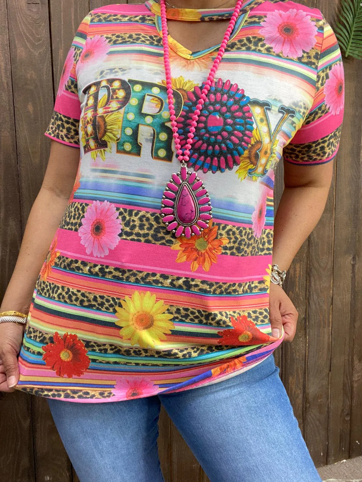 S, L, XL, 2X PRAY Leopard and Serape stripe top