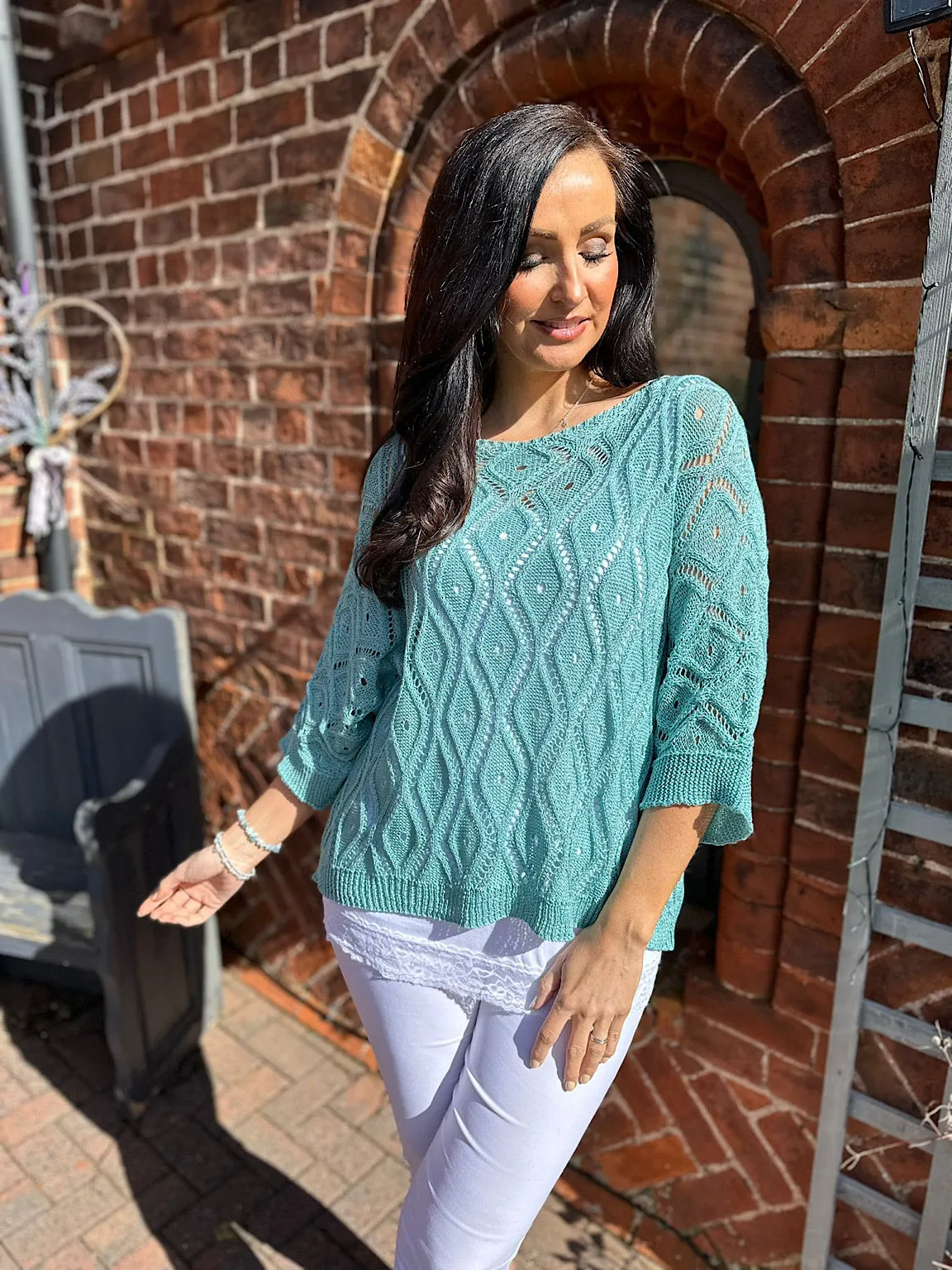 Sage Crochet Patterned Batwing Knit Dolly