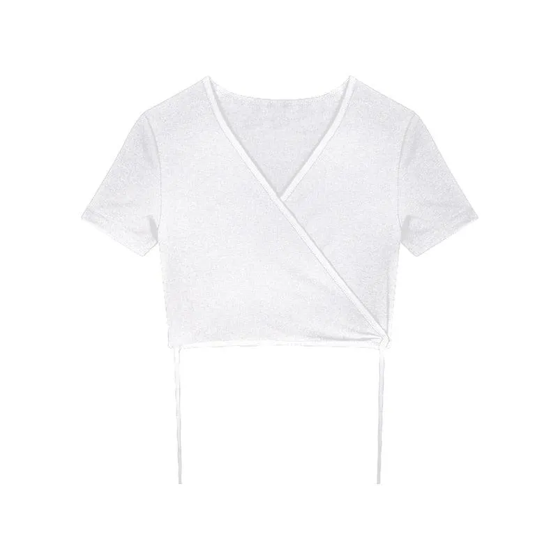 Solid V-neck Cropped Cross Tie-Up Crop Top