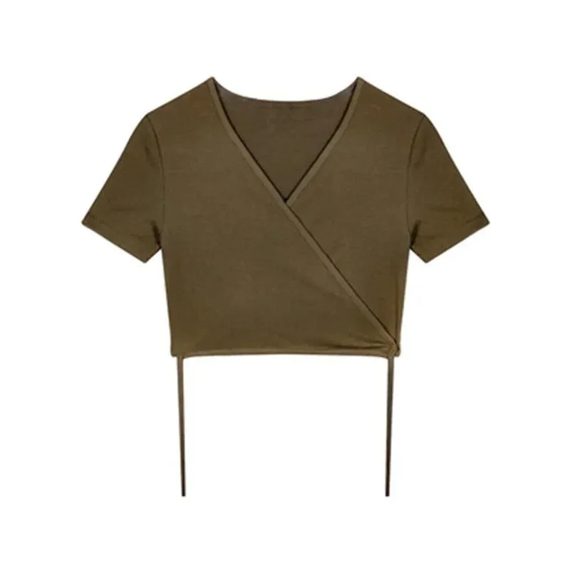 Solid V-neck Cropped Cross Tie-Up Crop Top