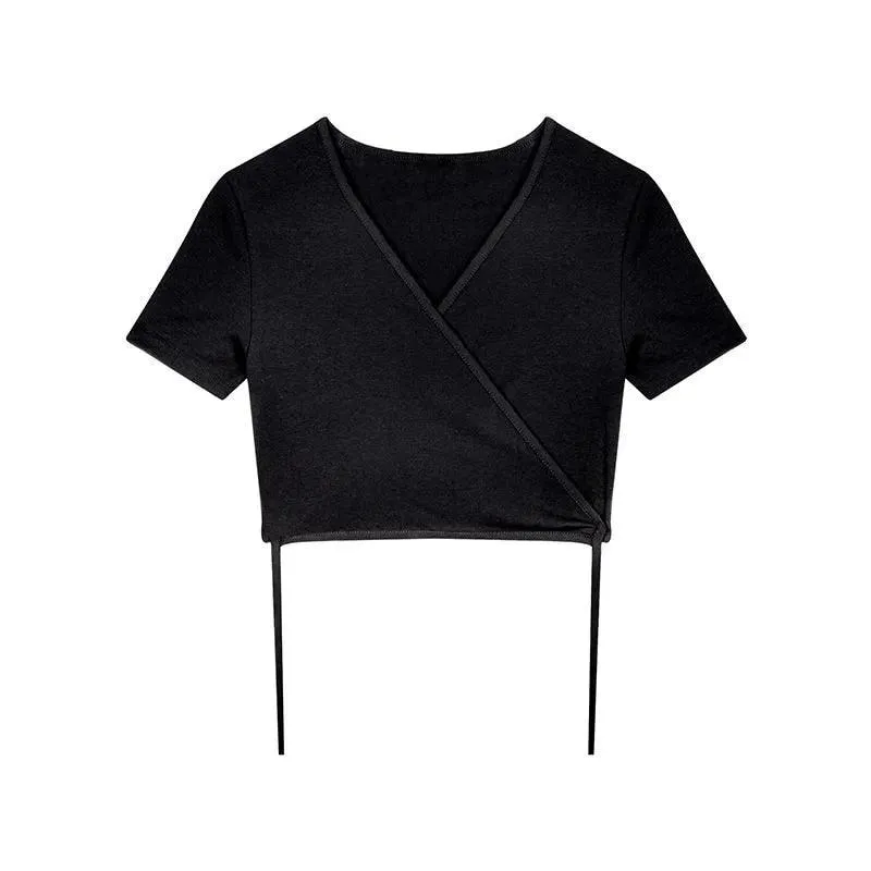 Solid V-neck Cropped Cross Tie-Up Crop Top