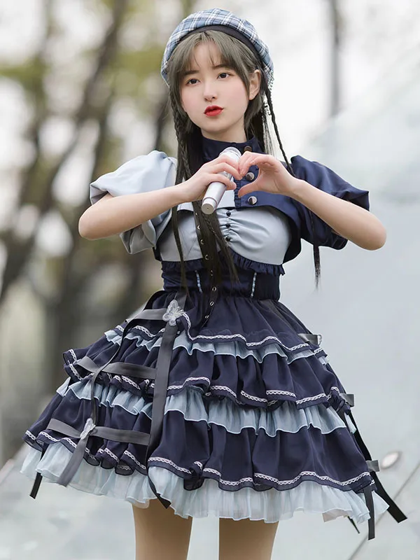 Sweet Lolita JSK Dress 2-Piece Set Blue Navy Two Tone Pattern Ruffles Jumper Skirt Overcoat Idol Lolita Dress