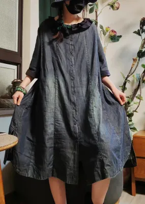 Vintage Blue Button Pockets Denim Shirts Dress Half Sleeve