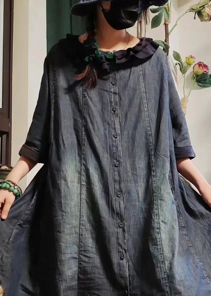 Vintage Blue Button Pockets Denim Shirts Dress Half Sleeve