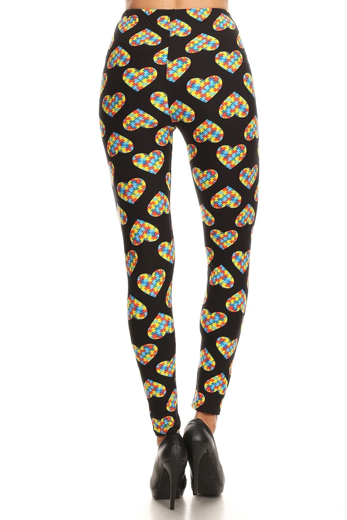 Women's 3 X 5X Heart Autism Jigsaw Puzzles Pattern Printed Leggings