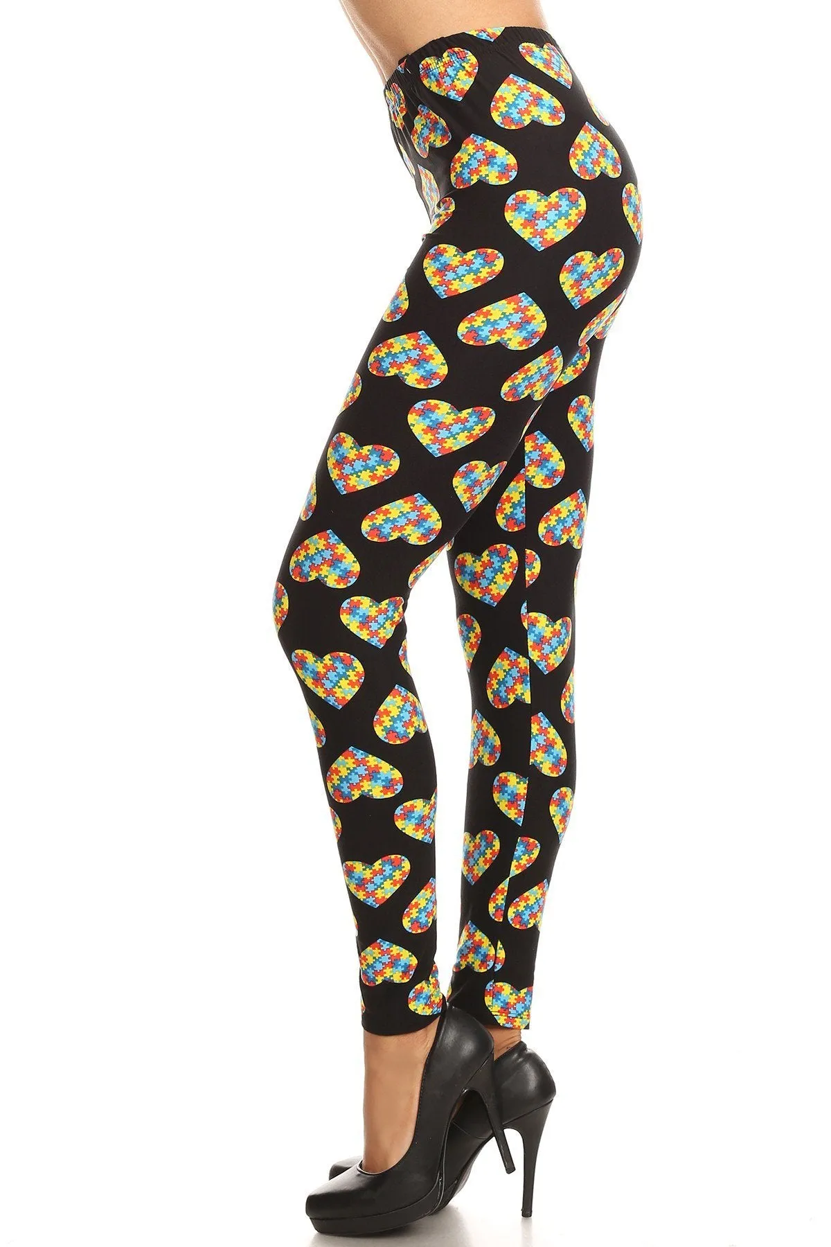 Women's 3 X 5X Heart Autism Jigsaw Puzzles Pattern Printed Leggings