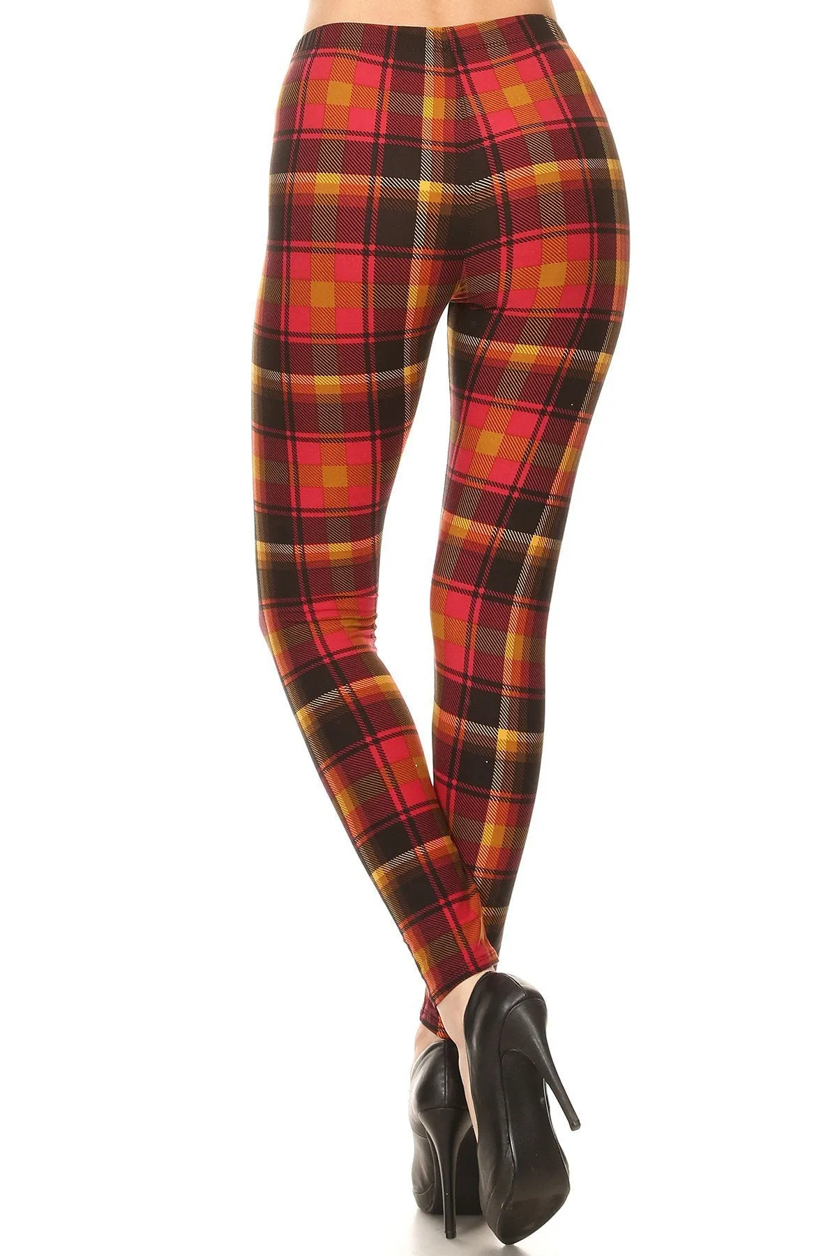 Women's 3 X 5X Red Mustard Plaid Pattern Printed Leggings