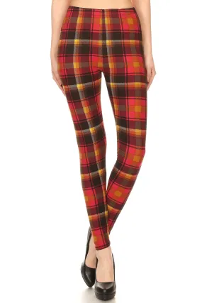 Women's 3 X 5X Red Mustard Plaid Pattern Printed Leggings