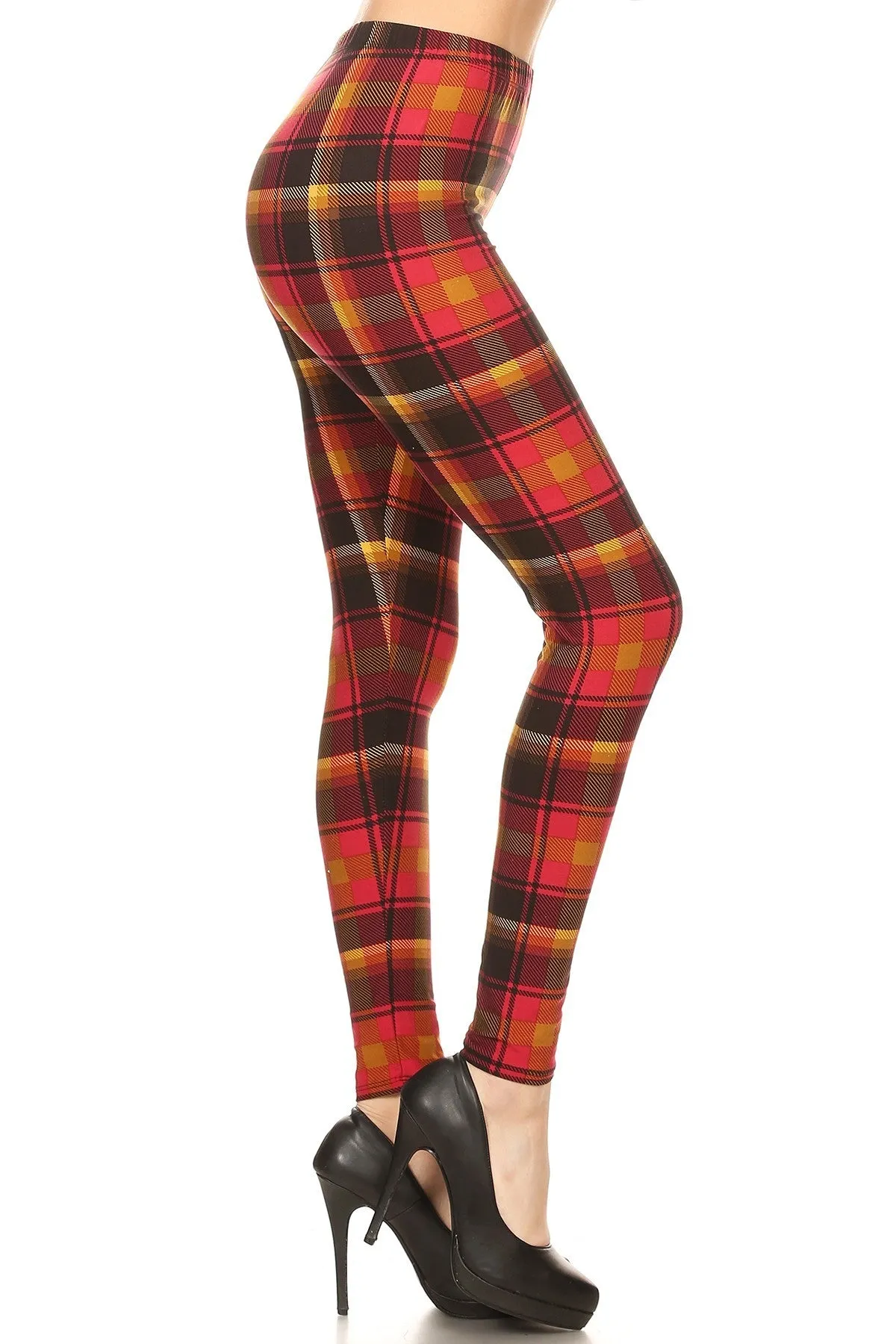 Women's 3 X 5X Red Mustard Plaid Pattern Printed Leggings