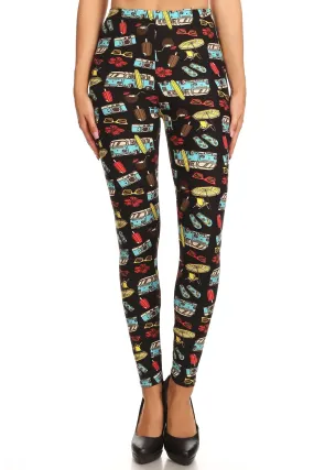 Women's 3X 5X Beach Theme Mini Van Pattern Print Leggings