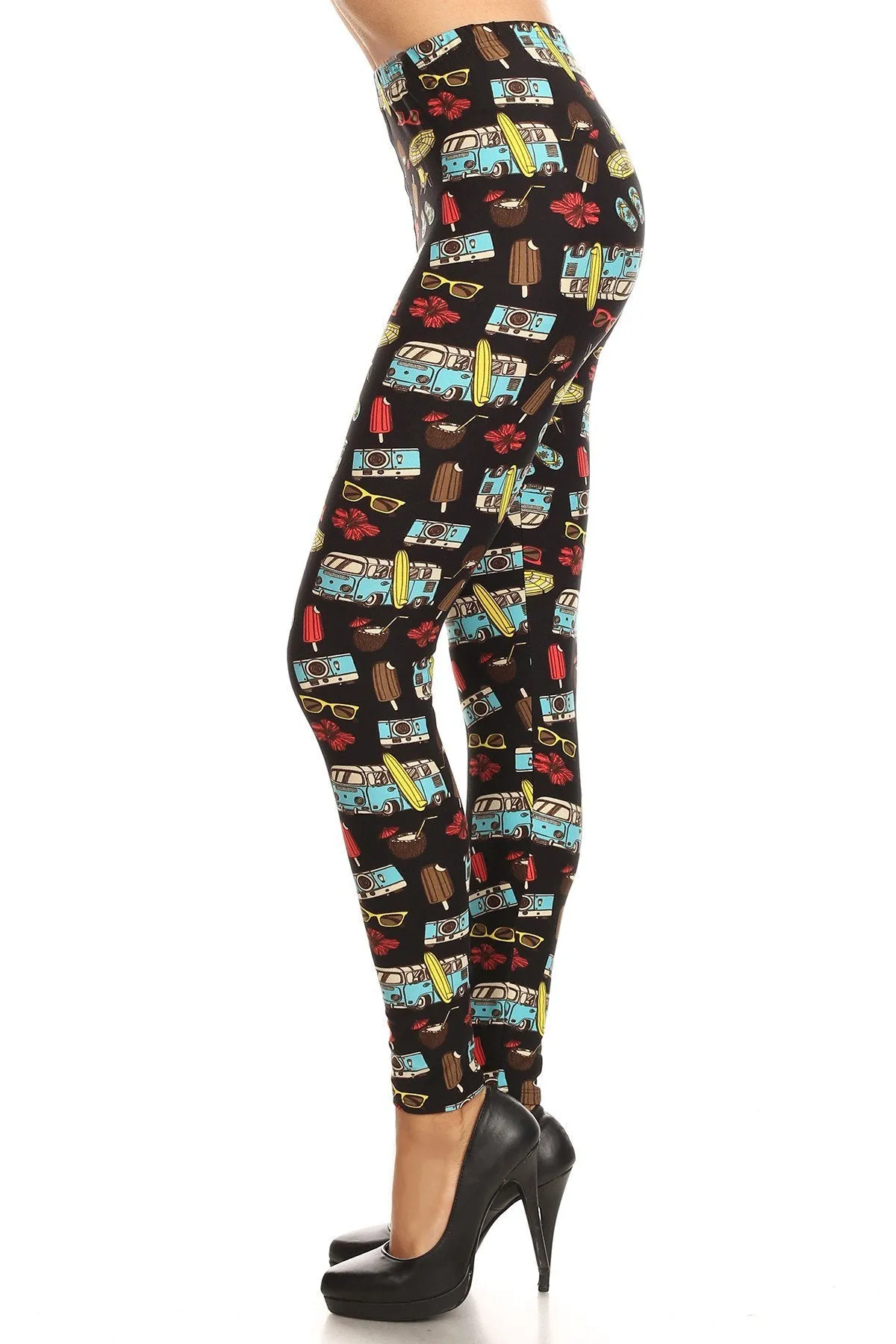 Women's 3X 5X Beach Theme Mini Van Pattern Print Leggings