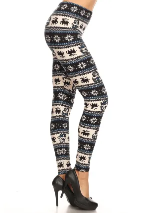 Women's Plus B&W Santa Reindeer Fair Isle Pattern Printed Leggings