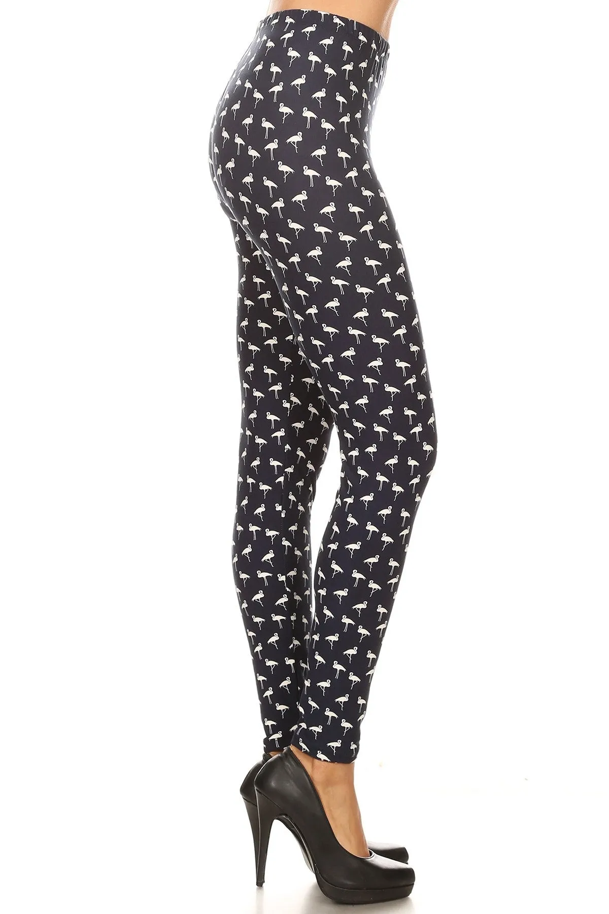 Women's Plus White Flamingo Birds Pattern Printed Leggings - One Size / Black