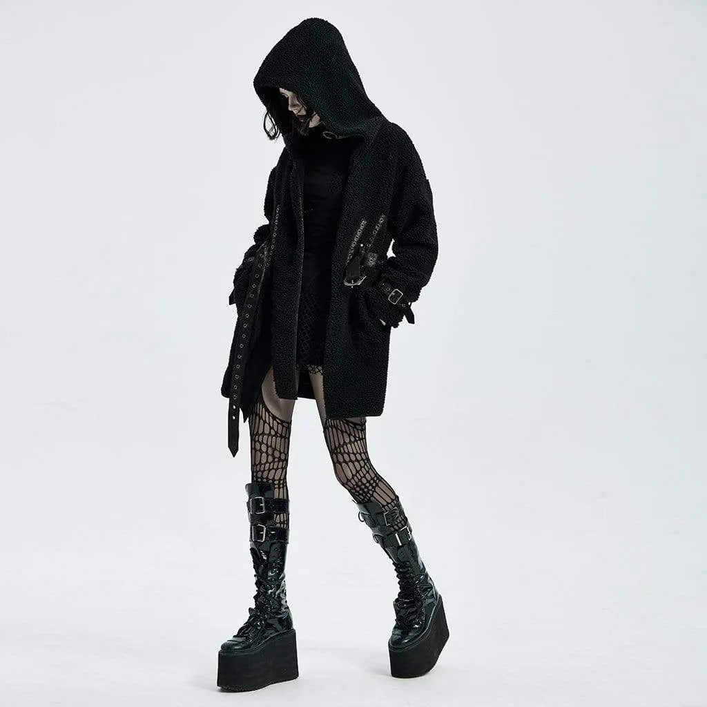 Women's Punk Woolen Hooded Overcoat With Belt