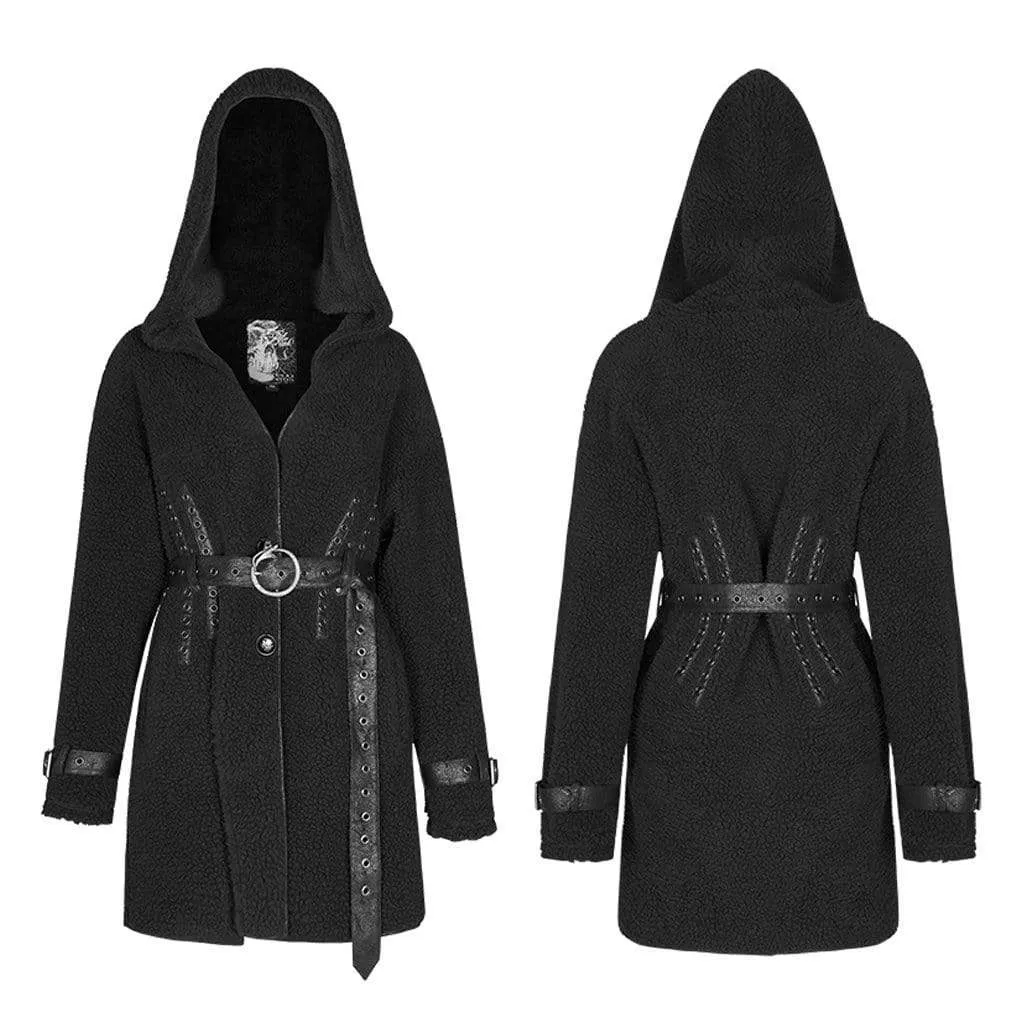 Women's Punk Woolen Hooded Overcoat With Belt