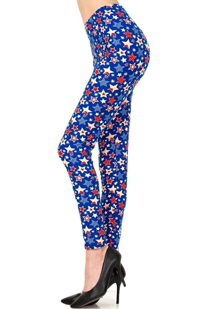 Women's Regular Blue Red Star American Flag Pattern Printed Leggings