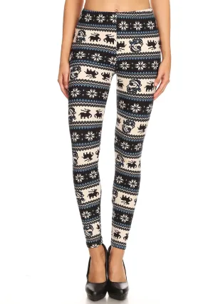 Women's Regular B&W Santa Reindeer Fair Isle Pattern Printed Leggings