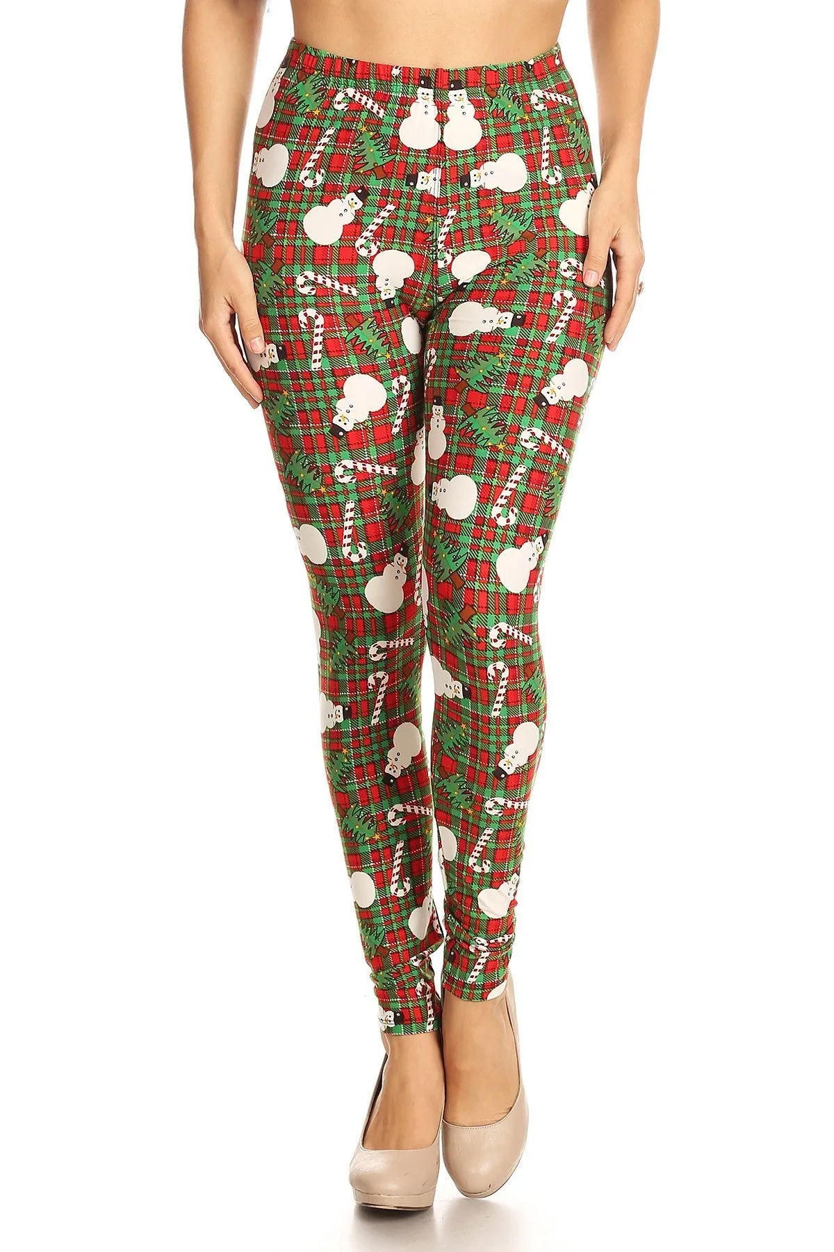 Women's Regular Snowman Candy Cane Plaid Pattern Printed Leggings