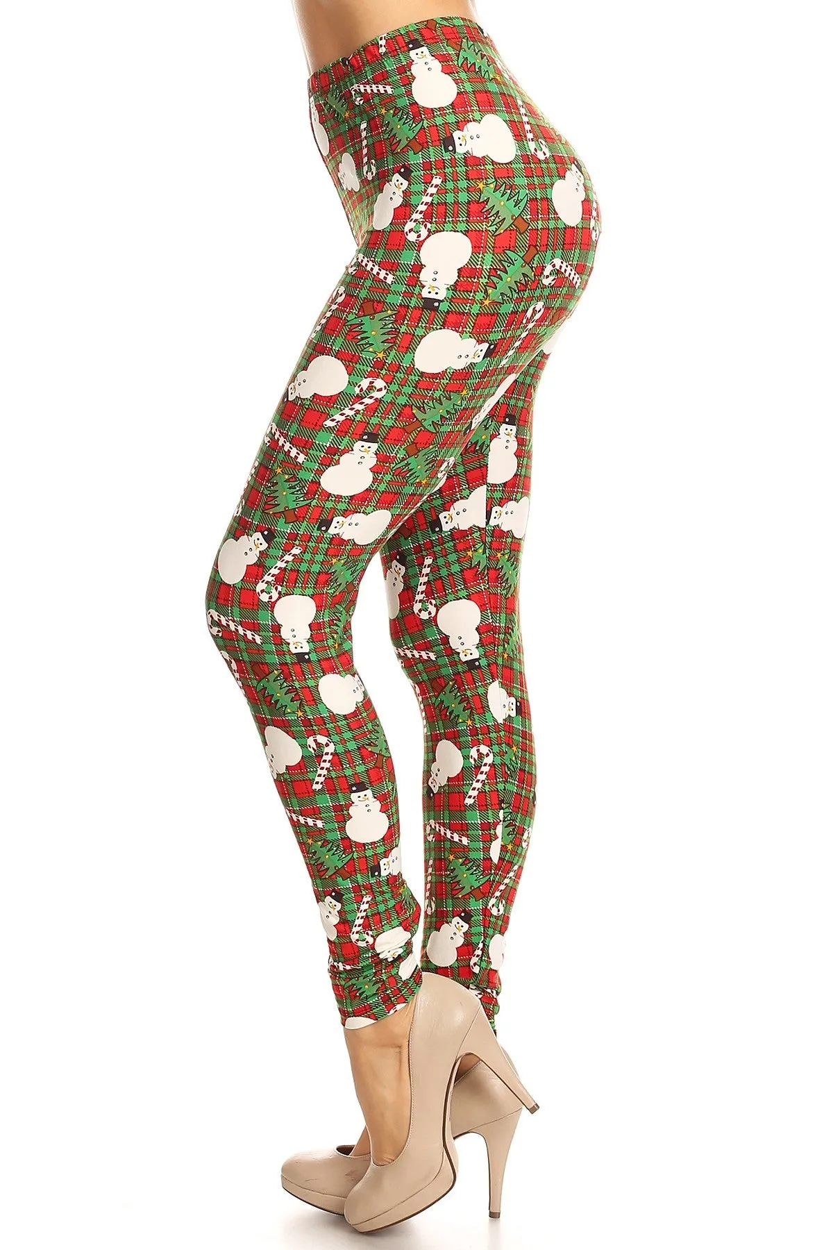 Women's Regular Snowman Candy Cane Plaid Pattern Printed Leggings