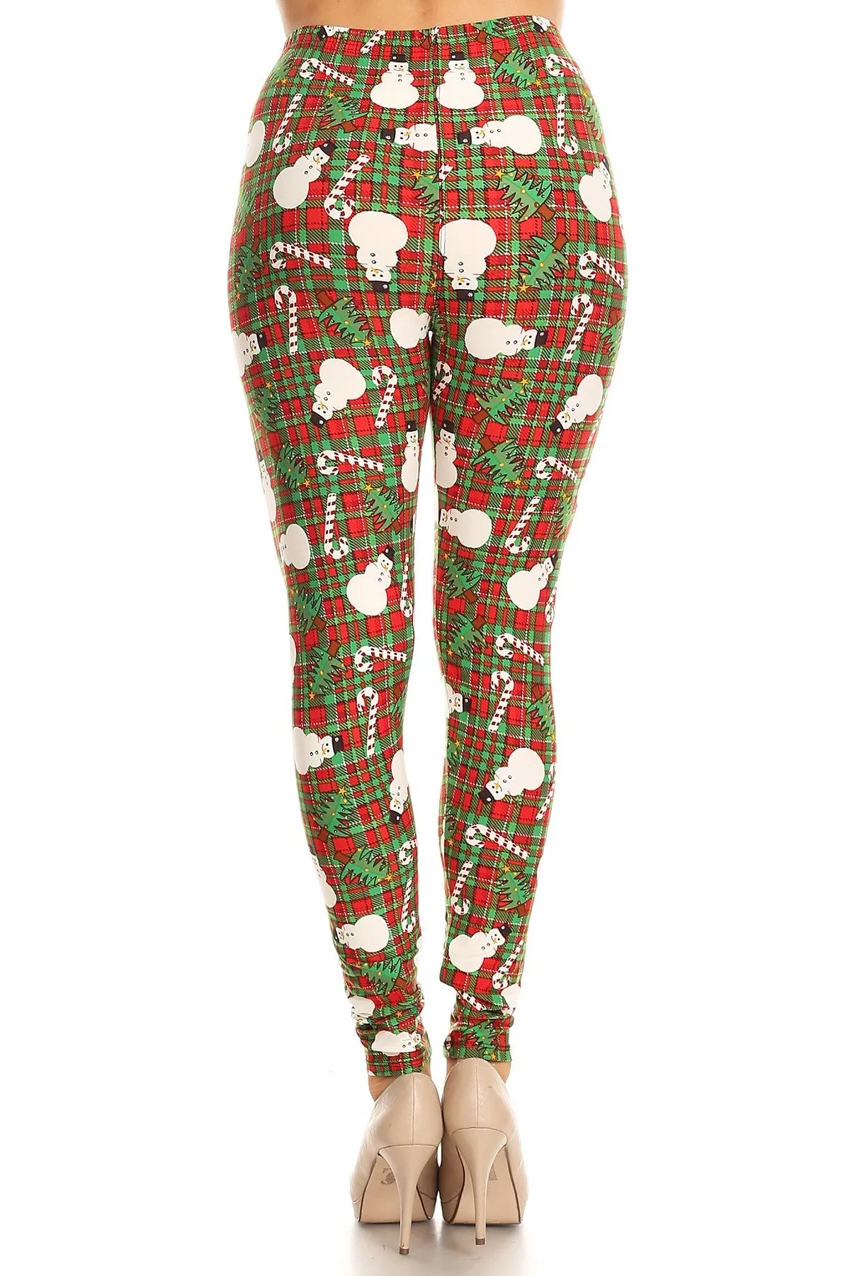 Women's Regular Snowman Candy Cane Plaid Pattern Printed Leggings