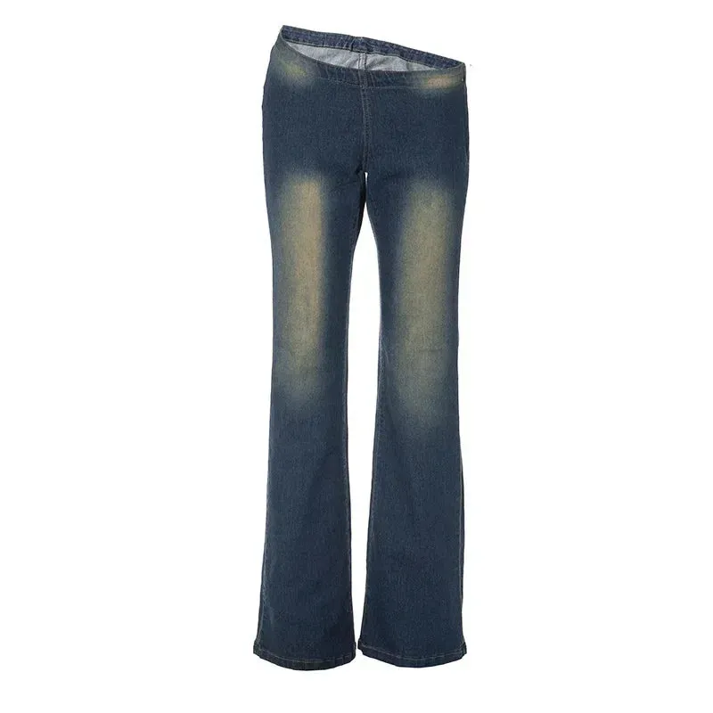 Women's Vintage Blue Low Waist Straight Leg Streetwear Jeans Pants