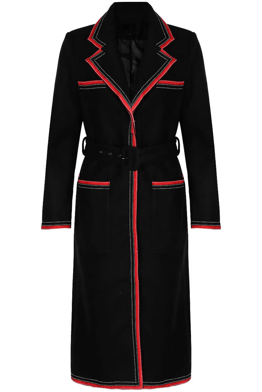 Wool Contrast Trim Belted Black Overcoat