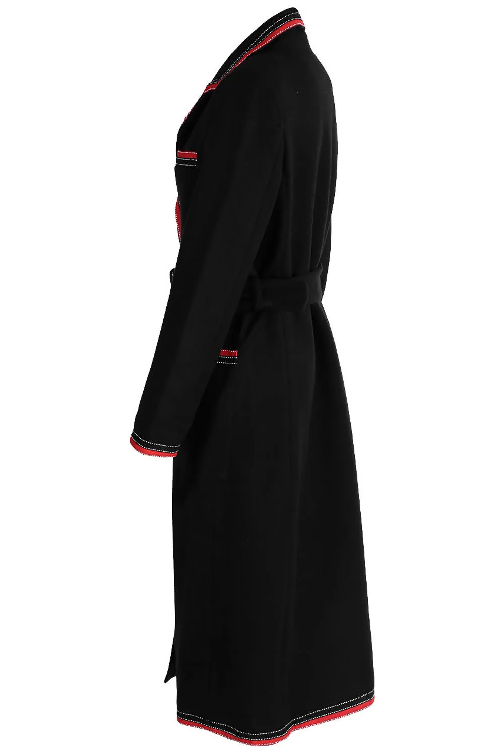 Wool Contrast Trim Belted Black Overcoat