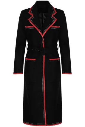 Wool Contrast Trim Belted Black Overcoat