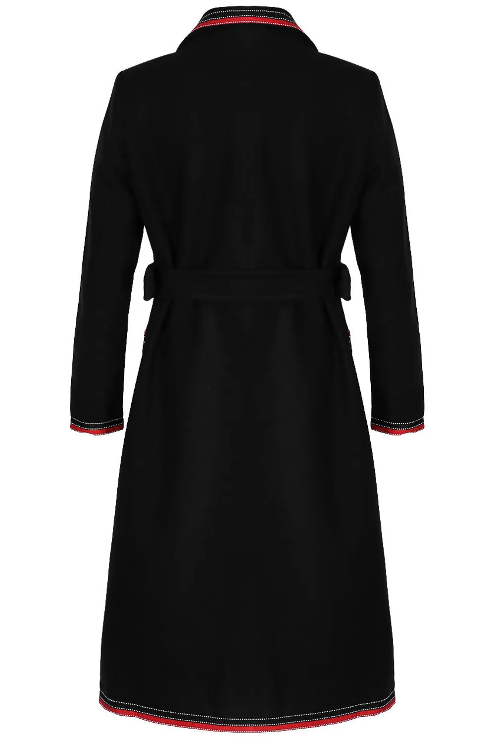 Wool Contrast Trim Belted Black Overcoat