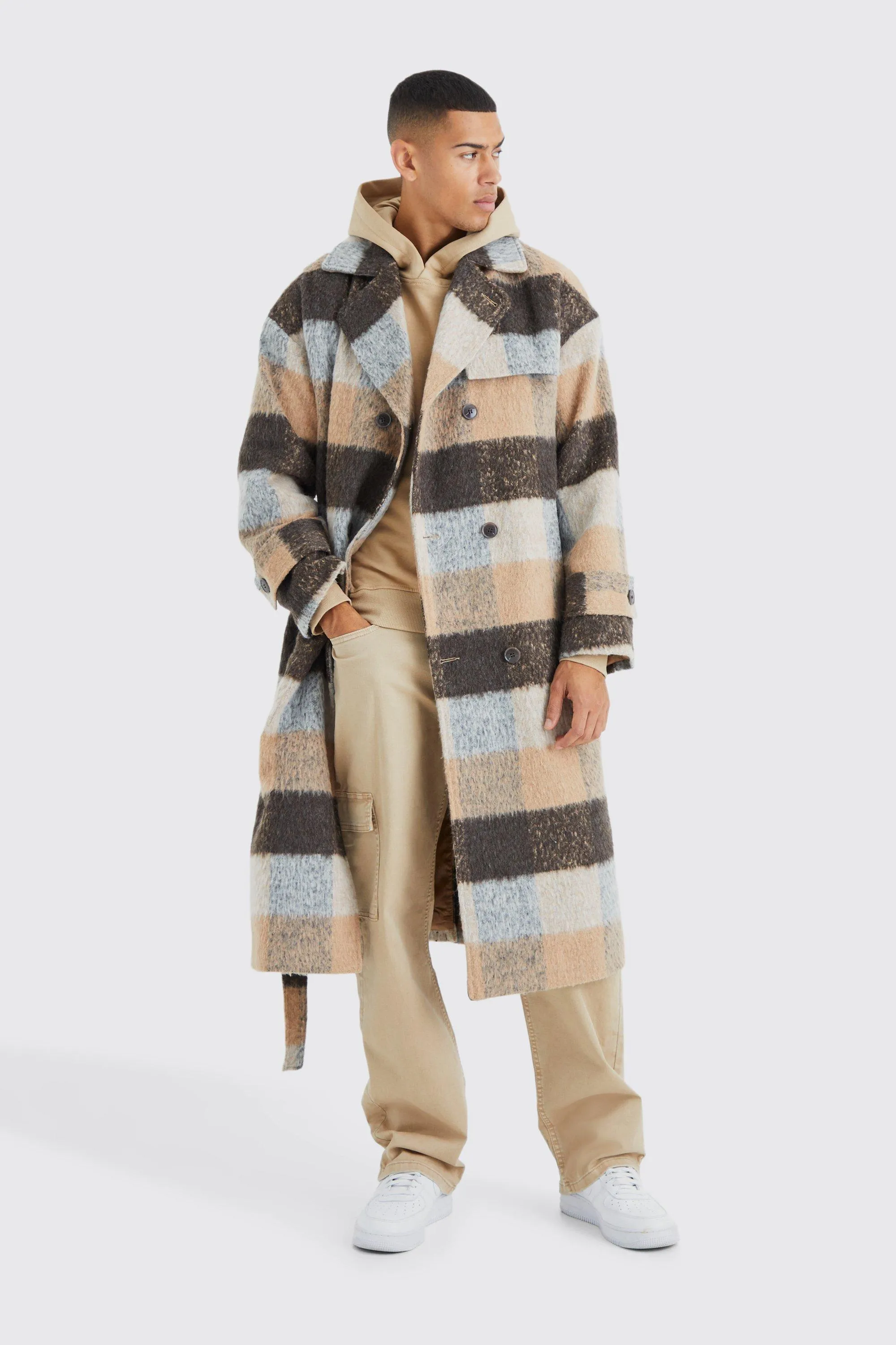 Wool Look Check Long Overcoat With Belt | boohooMAN UK